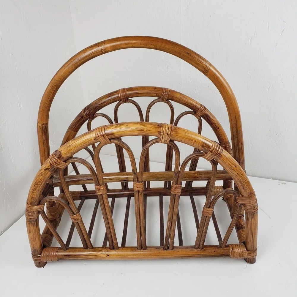 Vintage Bent Bamboo Rattan Magazine Rack Boho Wicker Floor Holder Arched Handle